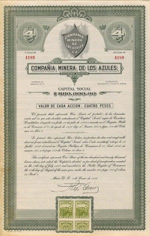 Compania Minera De Los Azules - Stock Certificate